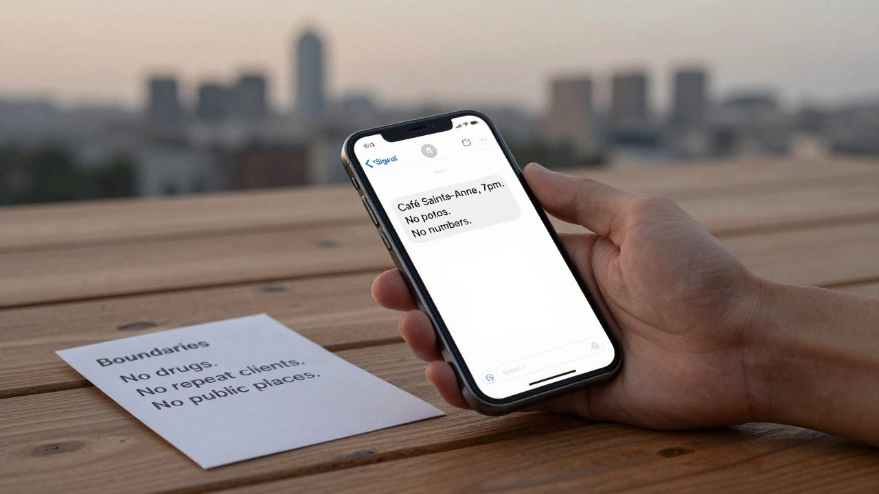 A burner phone on a wooden table displaying a private message with handwritten boundaries for safety.