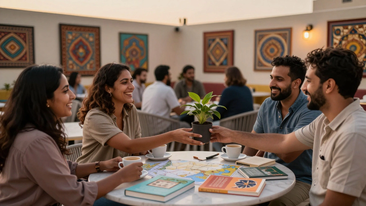 A diverse group of expats share coffee and laughter in a warm, inviting community center.